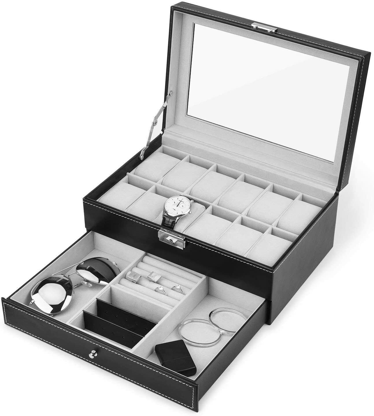 Leather Watch Box with Jewelry Drawer - 12 Slots