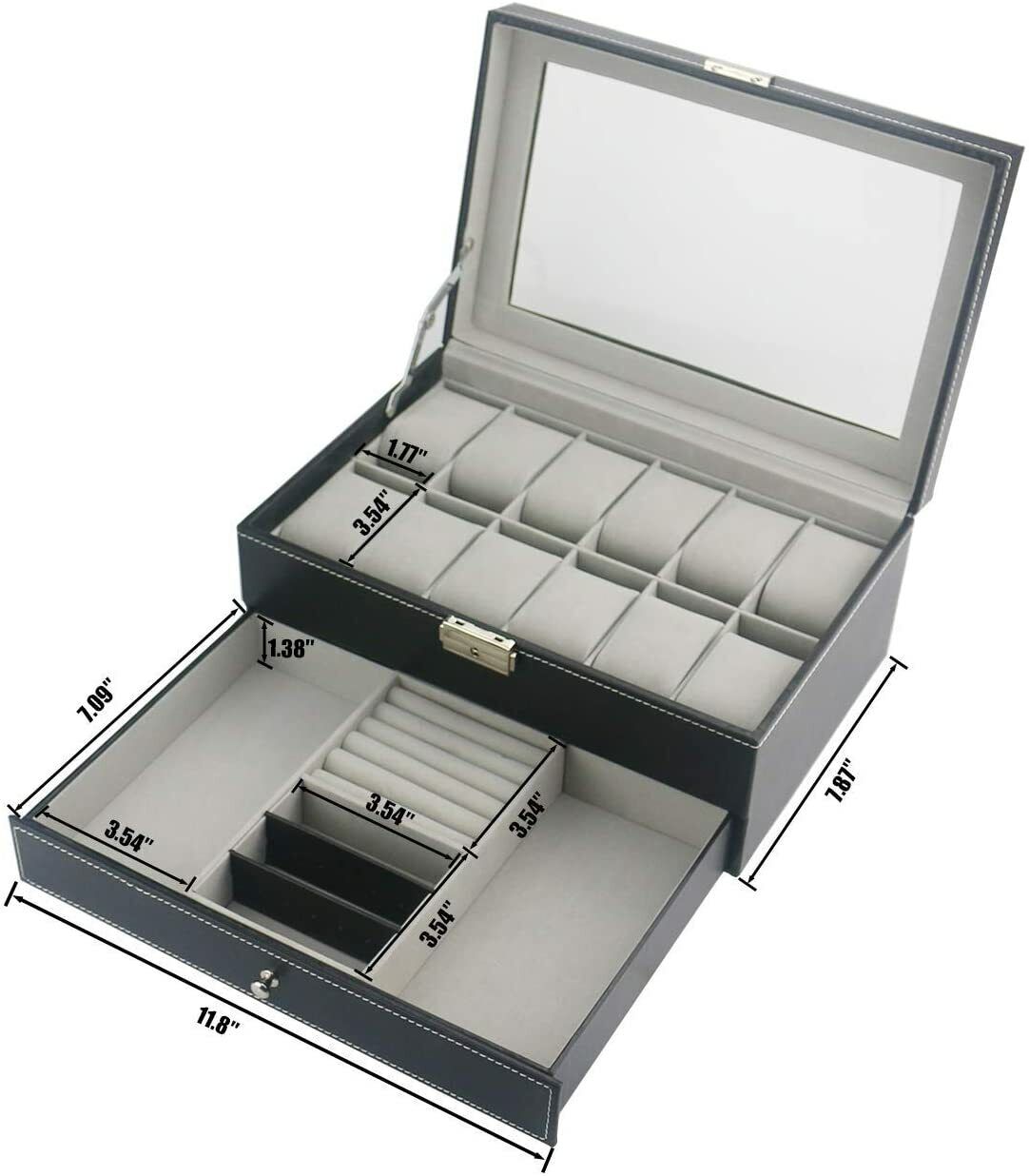 Leather Watch Box with Jewelry Drawer - 12 Slots