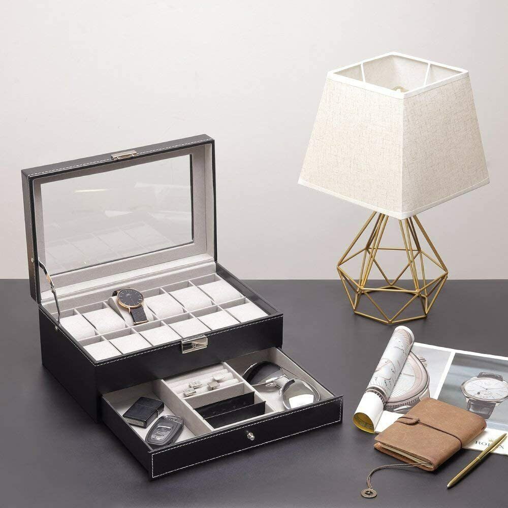 Leather Watch Box with Jewelry Drawer - 12 Slots