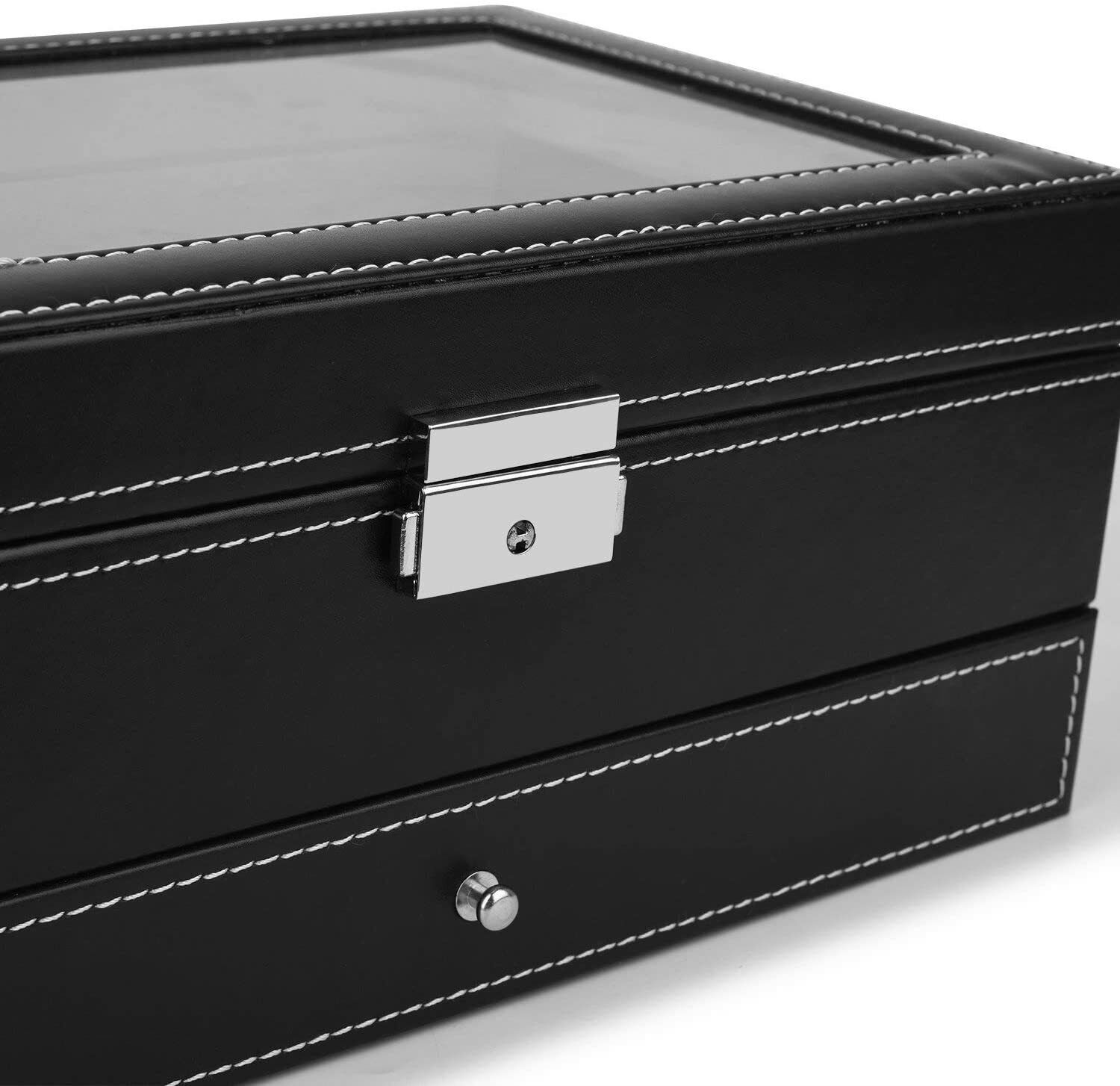 Leather Watch Box with Jewelry Drawer - 12 Slots