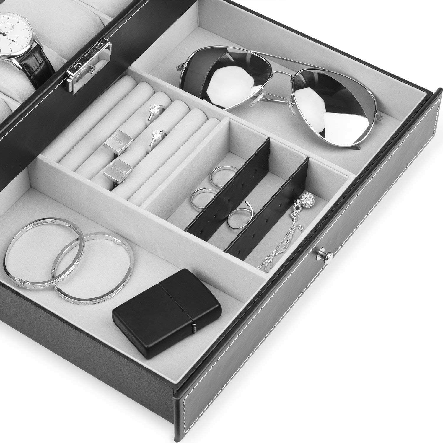 Leather Watch Box with Jewelry Drawer - 12 Slots
