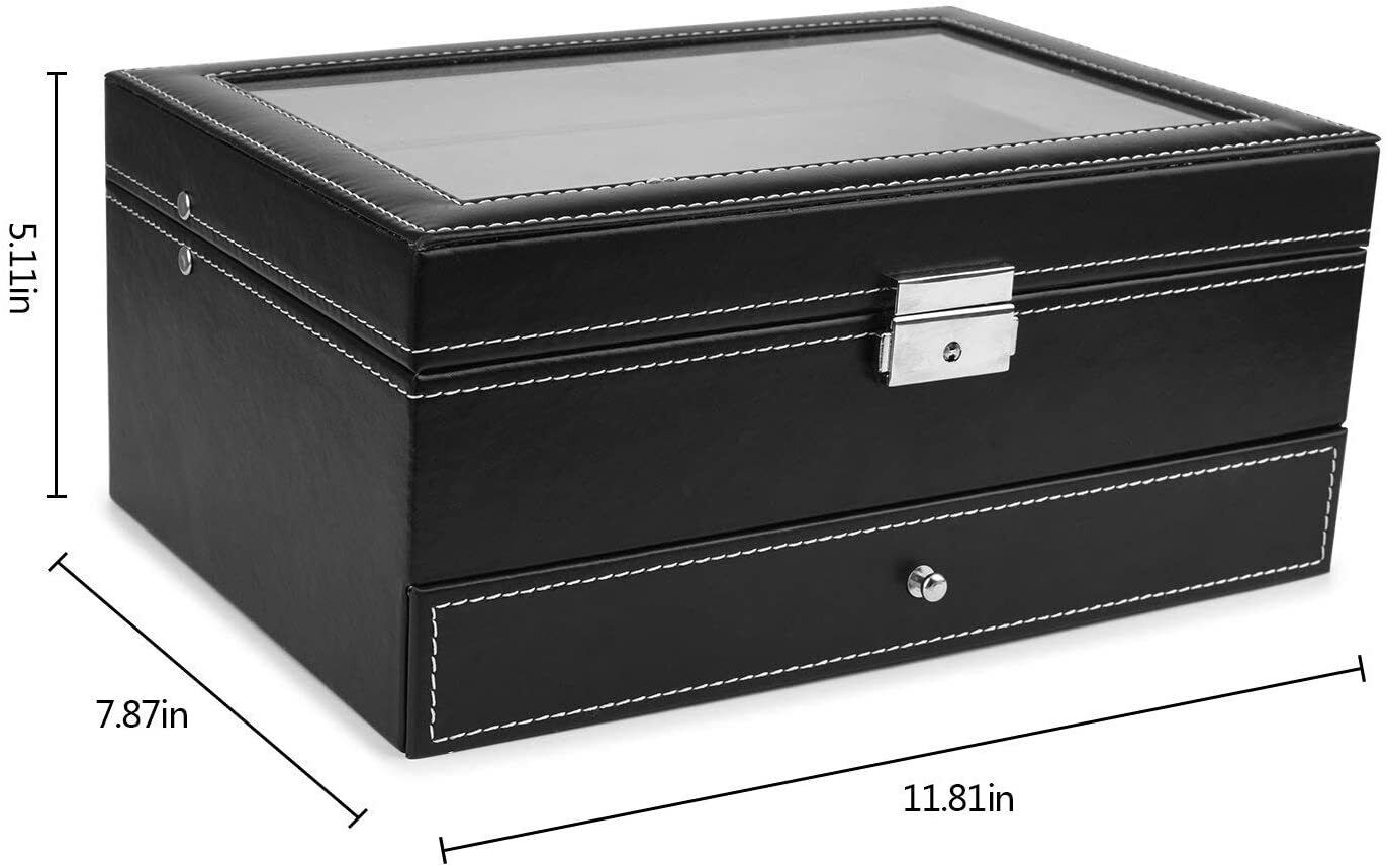 Leather Watch Box with Jewelry Drawer - 12 Slots