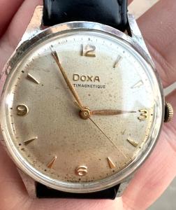 Vintage Doxa oversize wristwatch 37mm 1960's mechanical tropical patina Works
