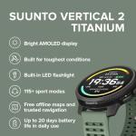 SUUNTO Vertical 2 GPS Sport Watch, Bright 1.5” AMOLED Touchscreen, LED Flashlight, 20-Day Battery Life, Offline Maps, Training Metrics & Recovery Insights, Dual-GNSS, 115+ Sport Modes, Sage Titanium