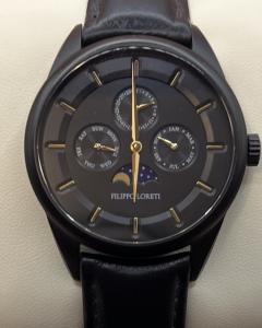 Filippo Loreti Men's Black Venice Moonphase Black Leather Watch With New Battery
