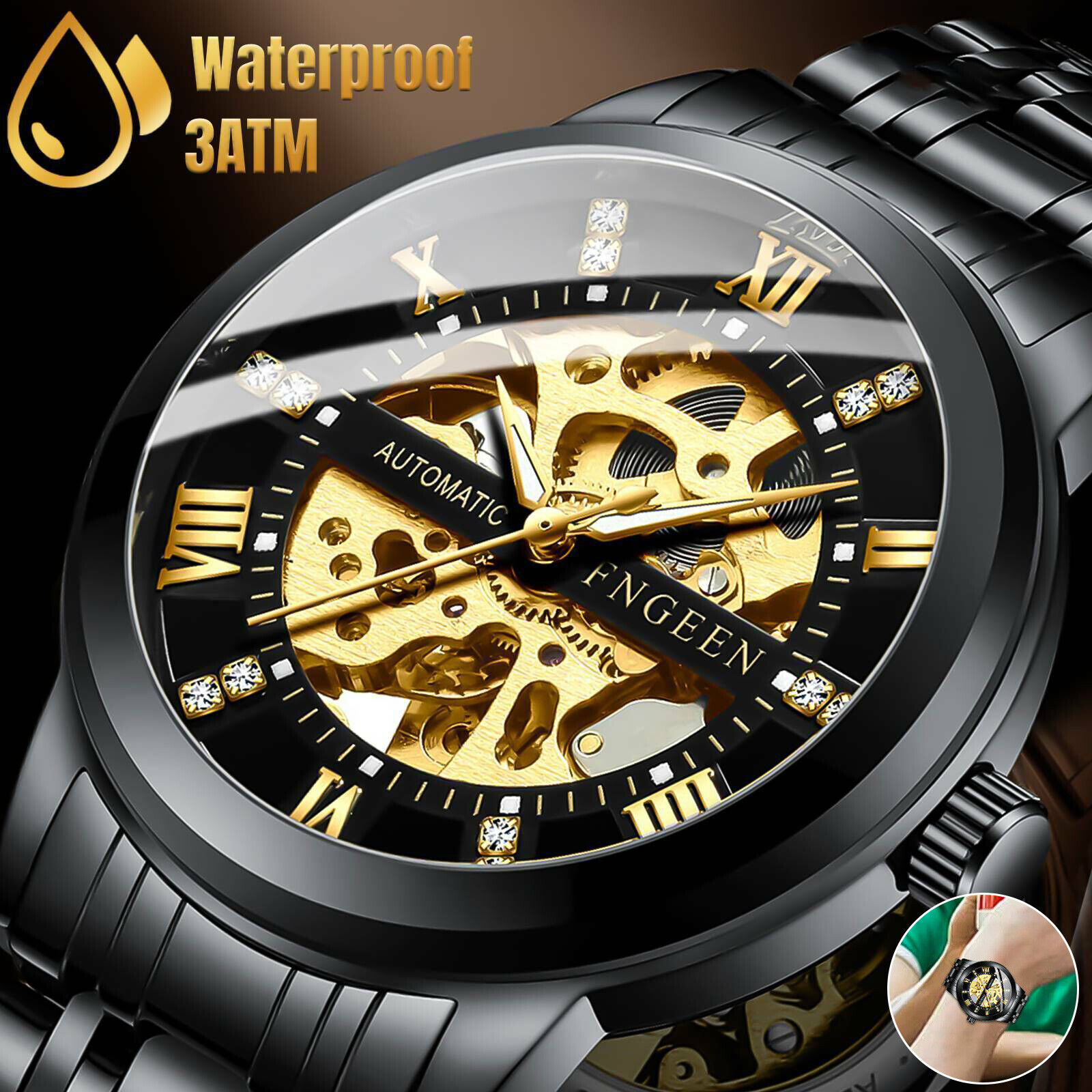 Gold Tone Skeleton Automatic Mechanical Wrist Watch
