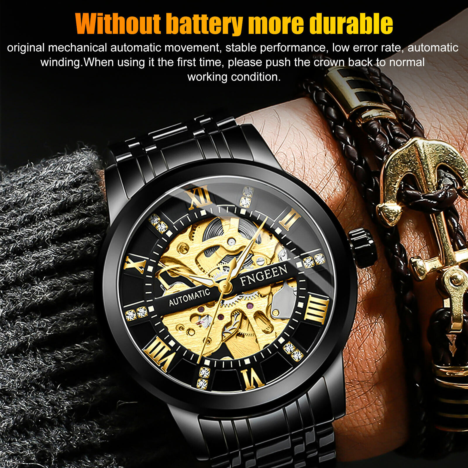 Gold Tone Skeleton Automatic Mechanical Wrist Watch