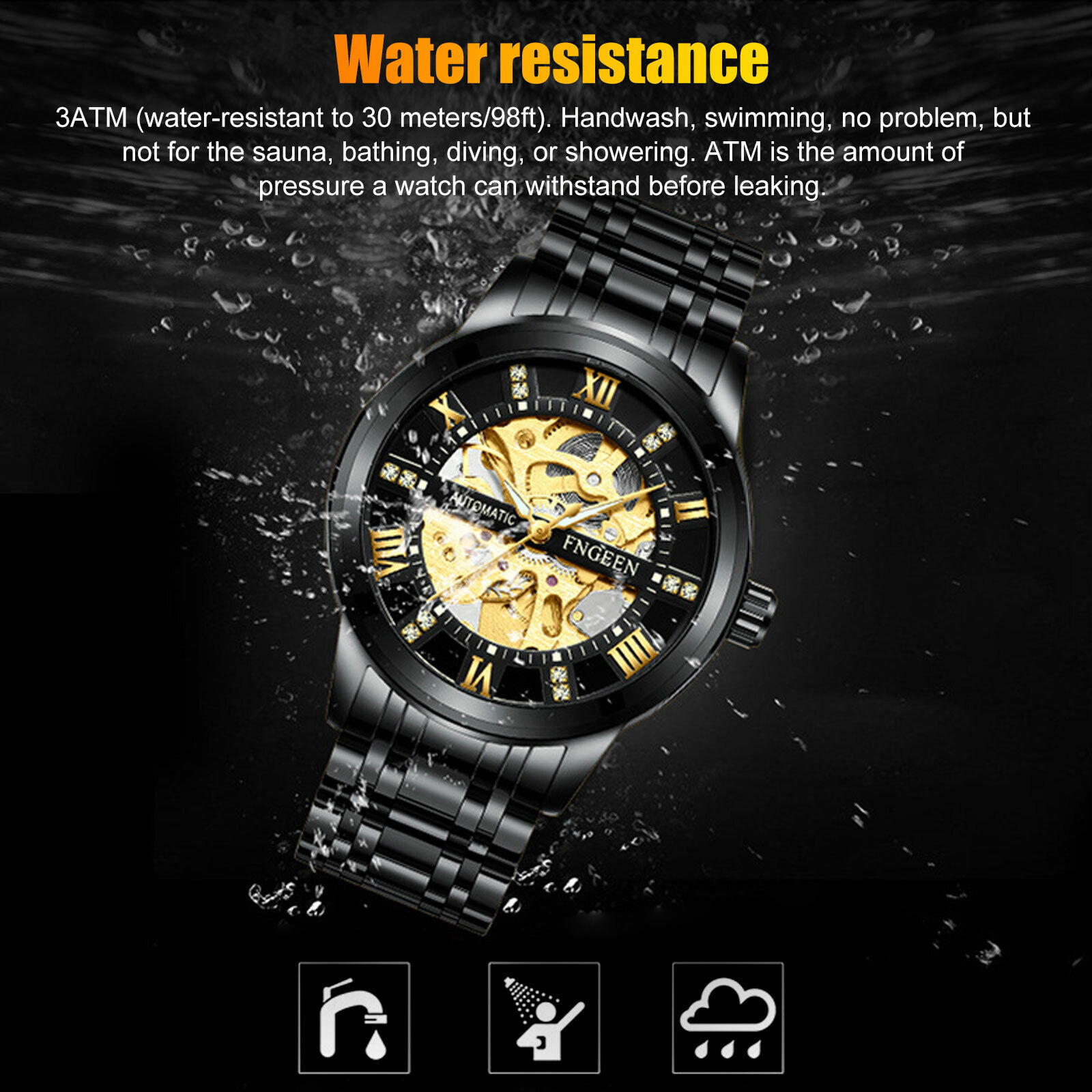 Gold Tone Skeleton Automatic Mechanical Wrist Watch