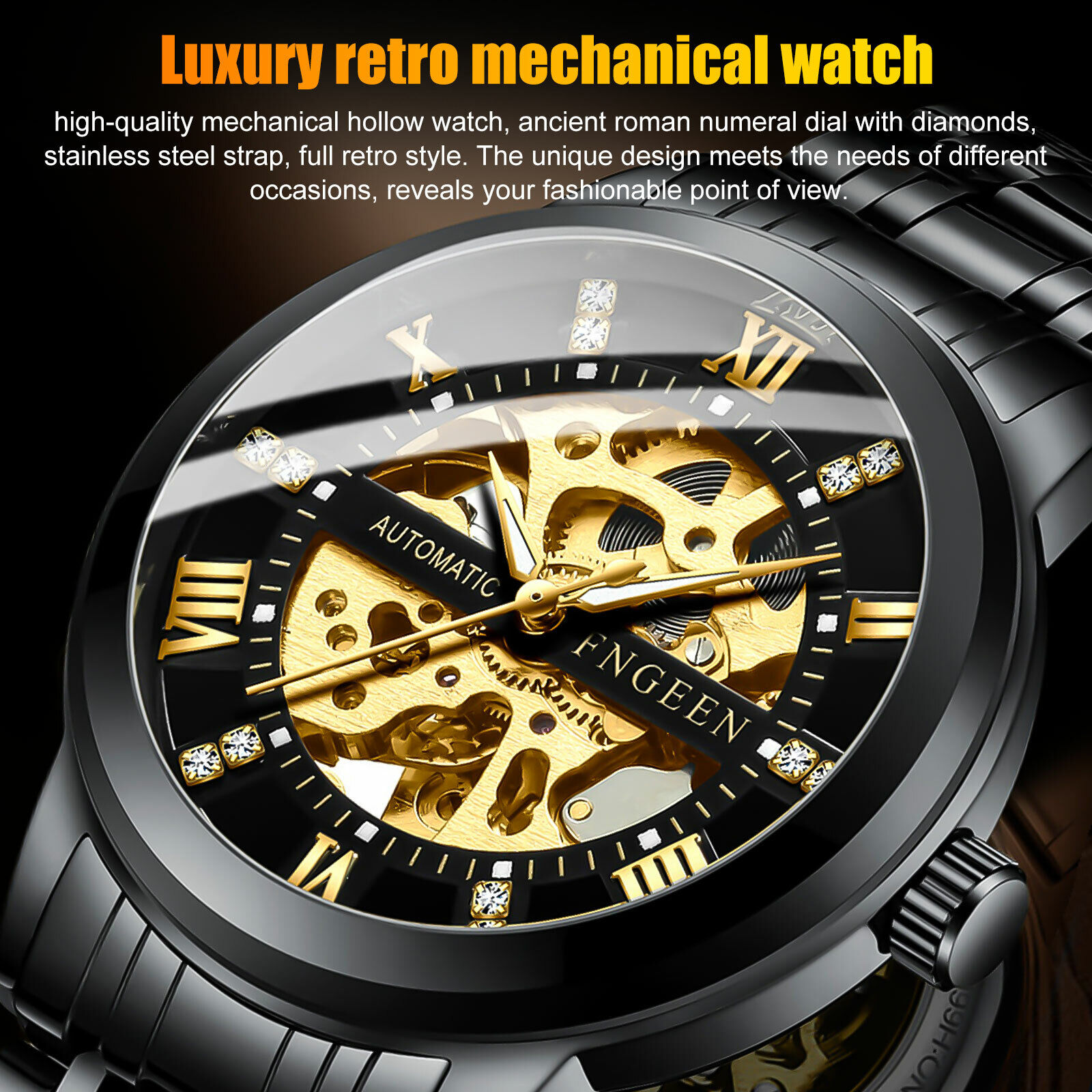 Gold Tone Skeleton Automatic Mechanical Wrist Watch