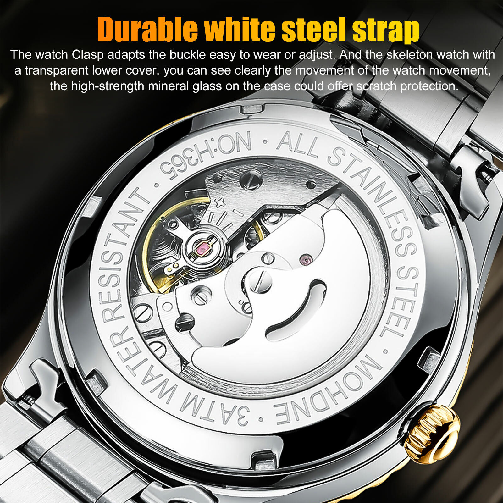 Gold Tone Skeleton Automatic Mechanical Wrist Watch