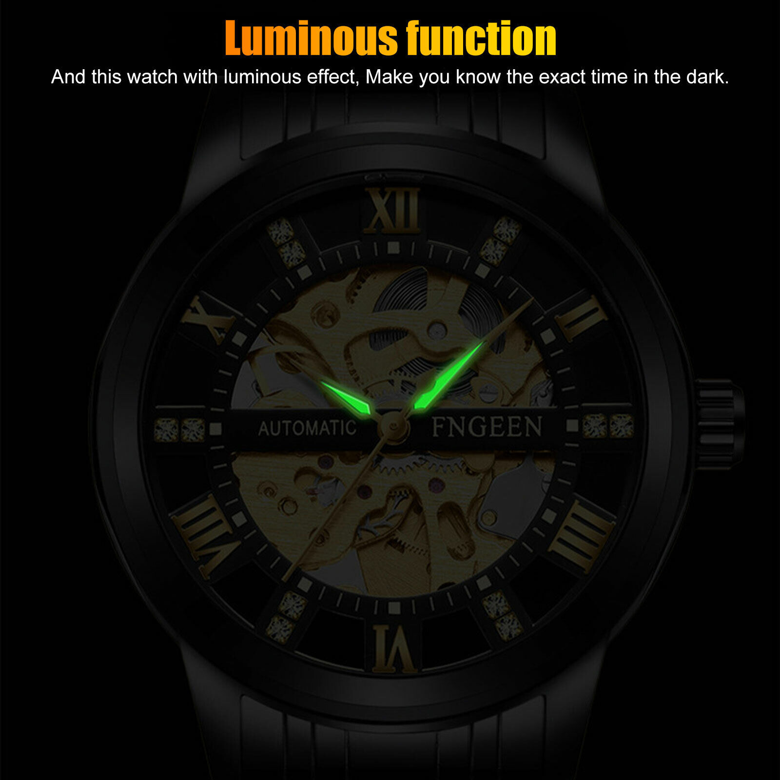 Gold Tone Skeleton Automatic Mechanical Wrist Watch