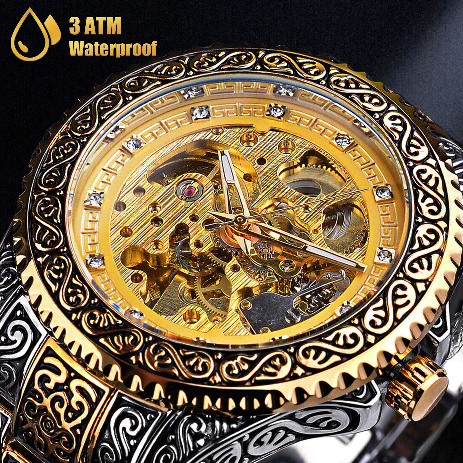 Luxury Stainless Steel Gold Mechanical Skeleton Watch