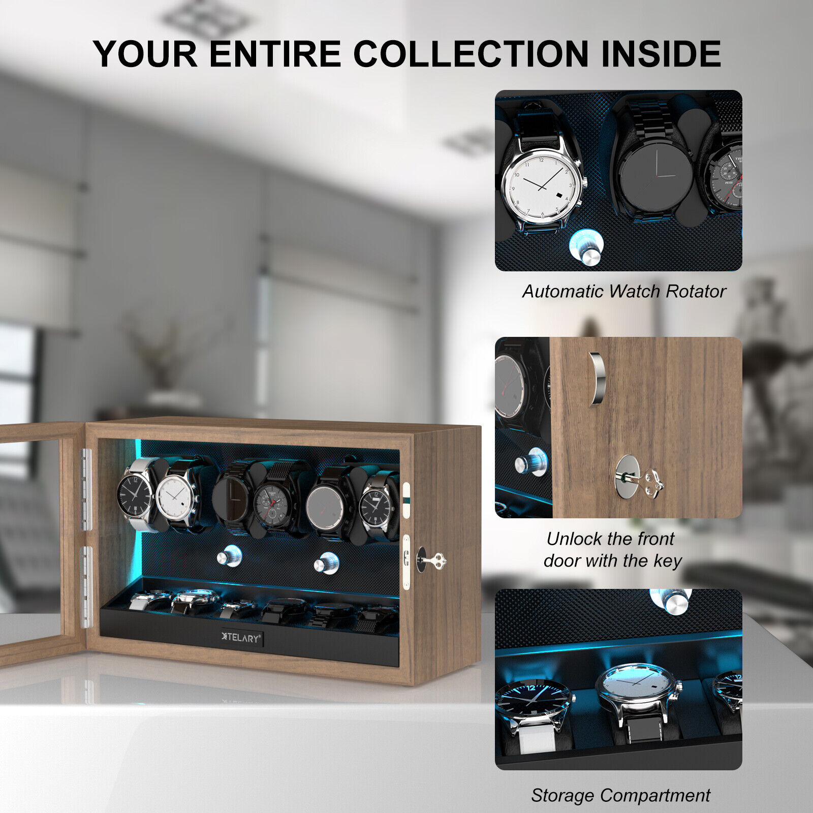 LED Automatic Watch Winders with 6 Storage Box
