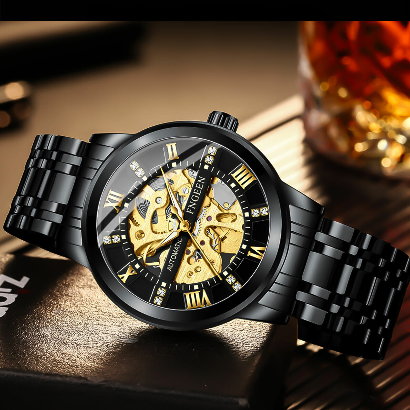 Gold Tone Skeleton Automatic Mechanical Wrist Watch