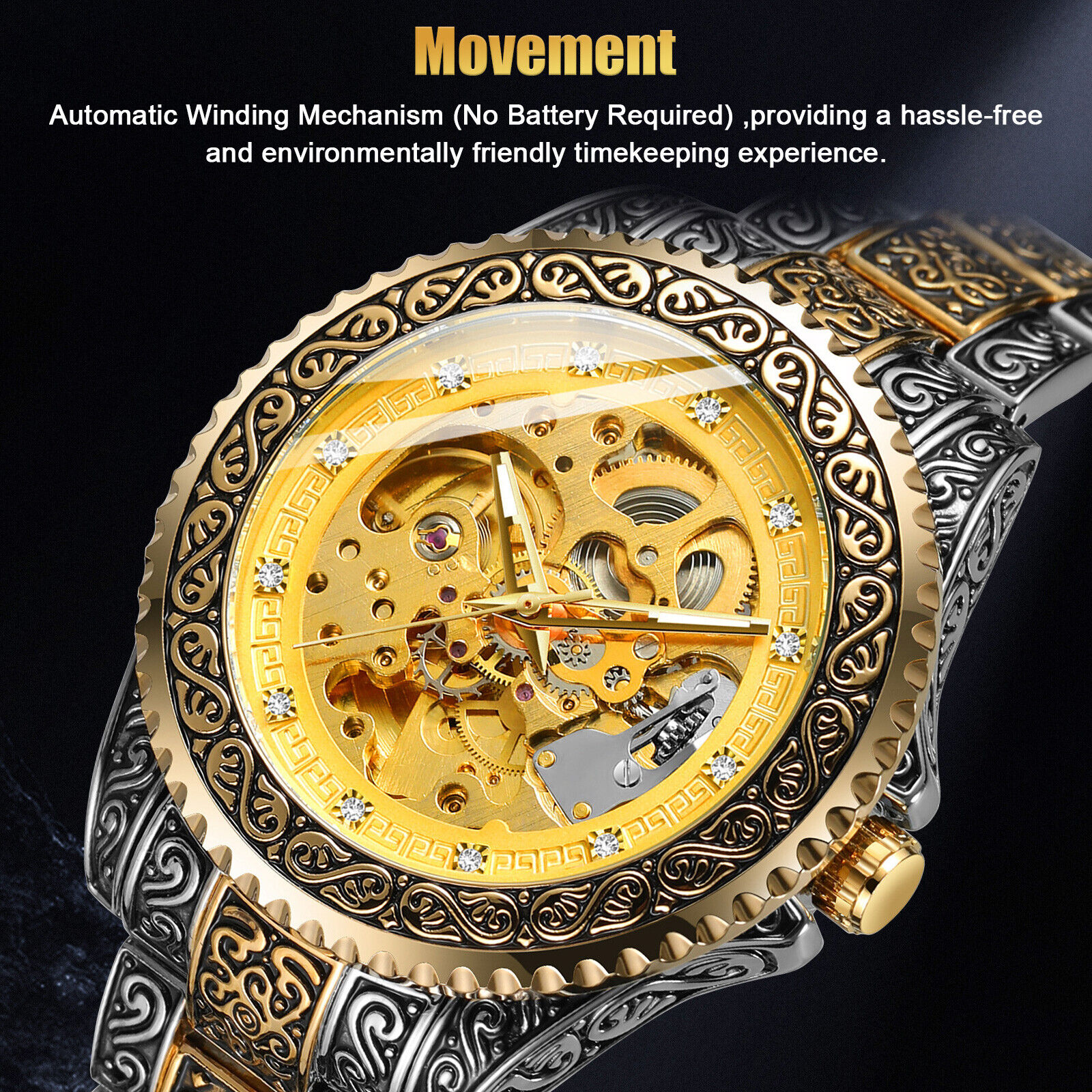 Luxury Stainless Steel Gold Mechanical Skeleton Watch