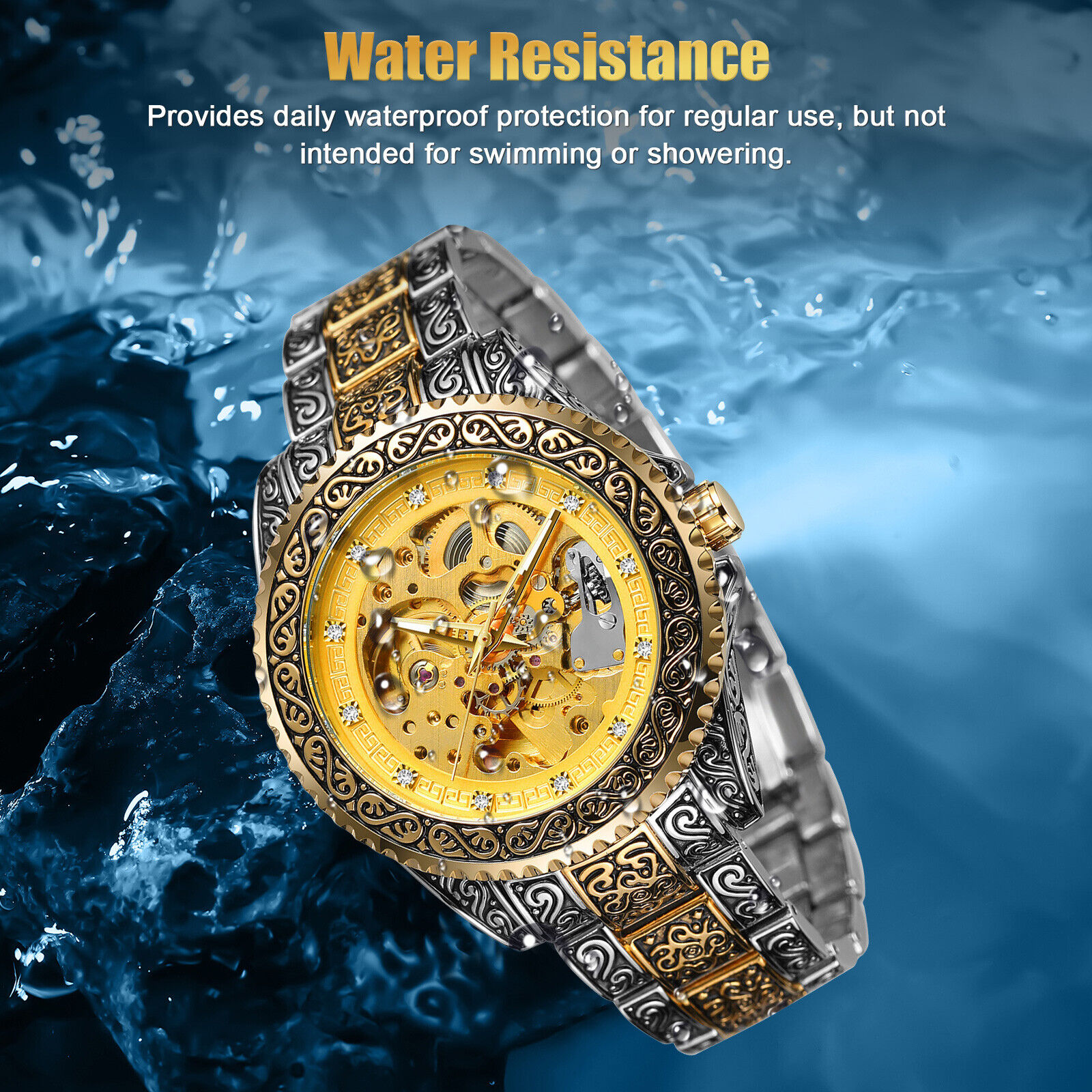 Luxury Stainless Steel Gold Mechanical Skeleton Watch