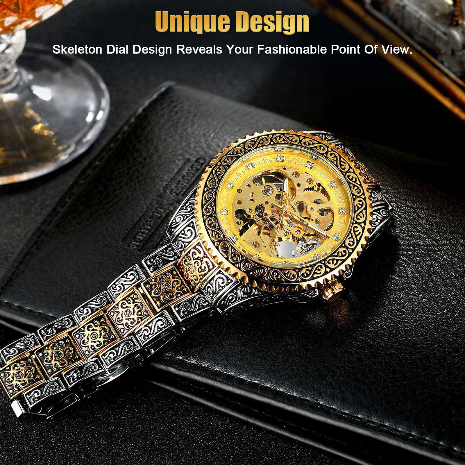 Luxury Stainless Steel Gold Mechanical Skeleton Watch