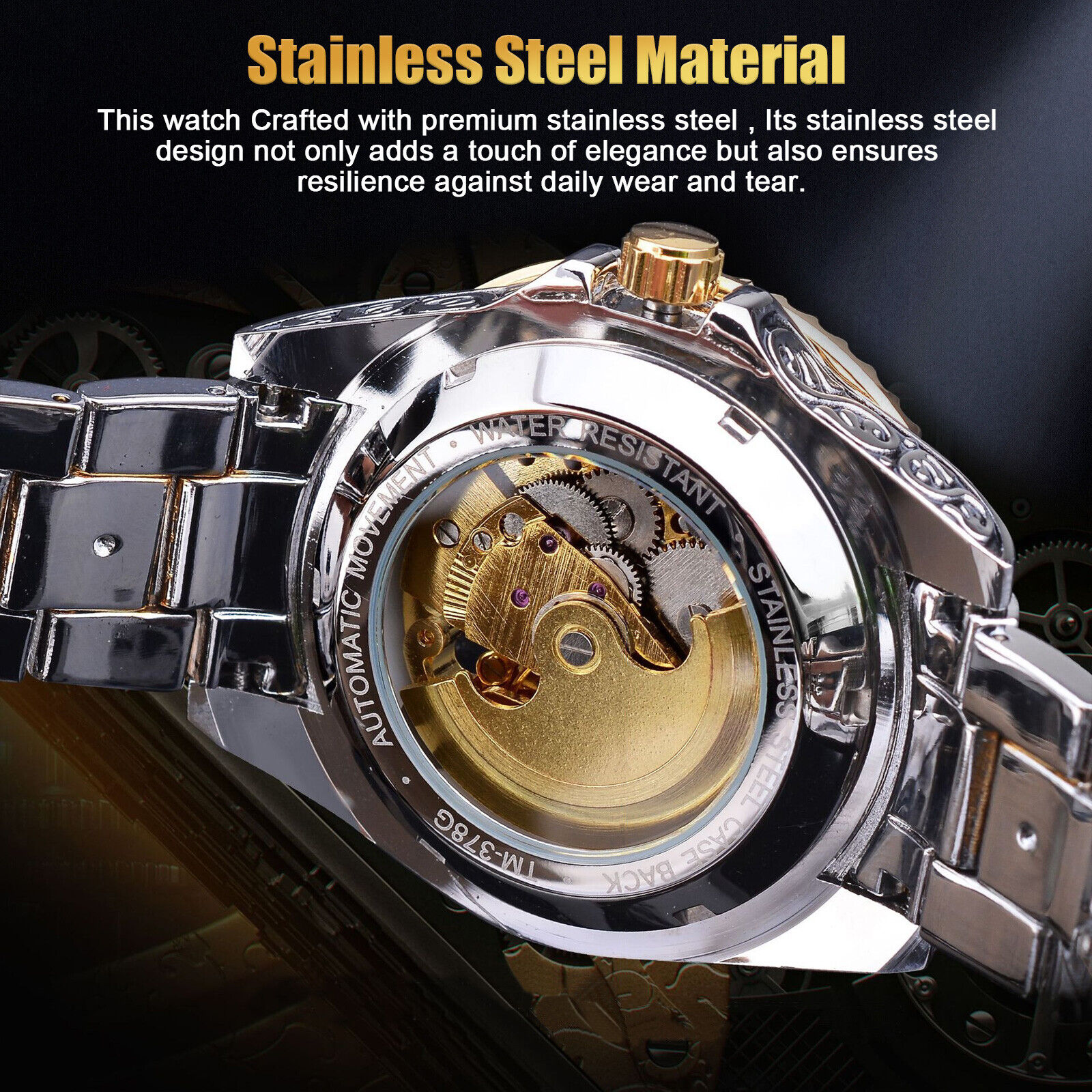 Luxury Stainless Steel Gold Mechanical Skeleton Watch