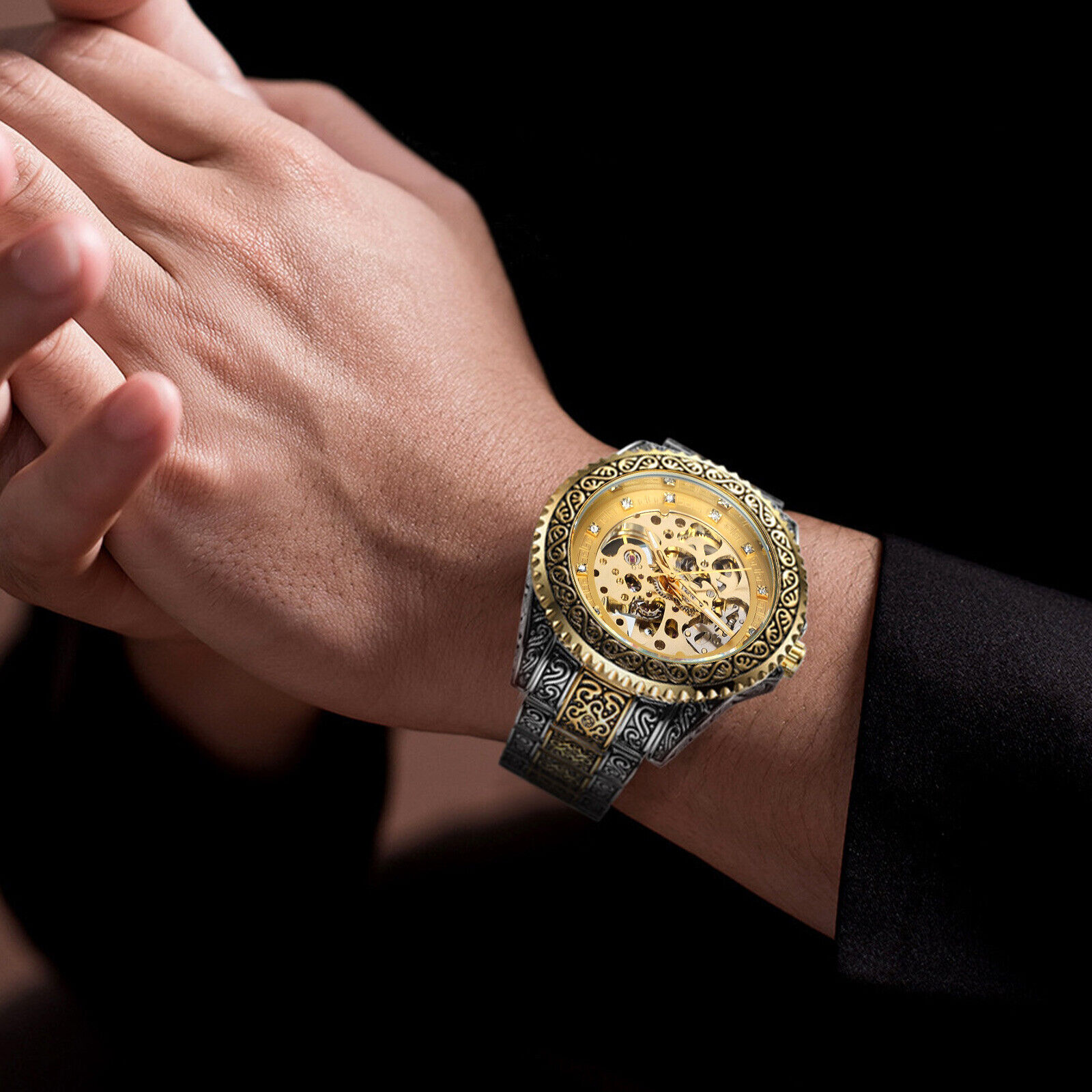 Luxury Stainless Steel Gold Mechanical Skeleton Watch