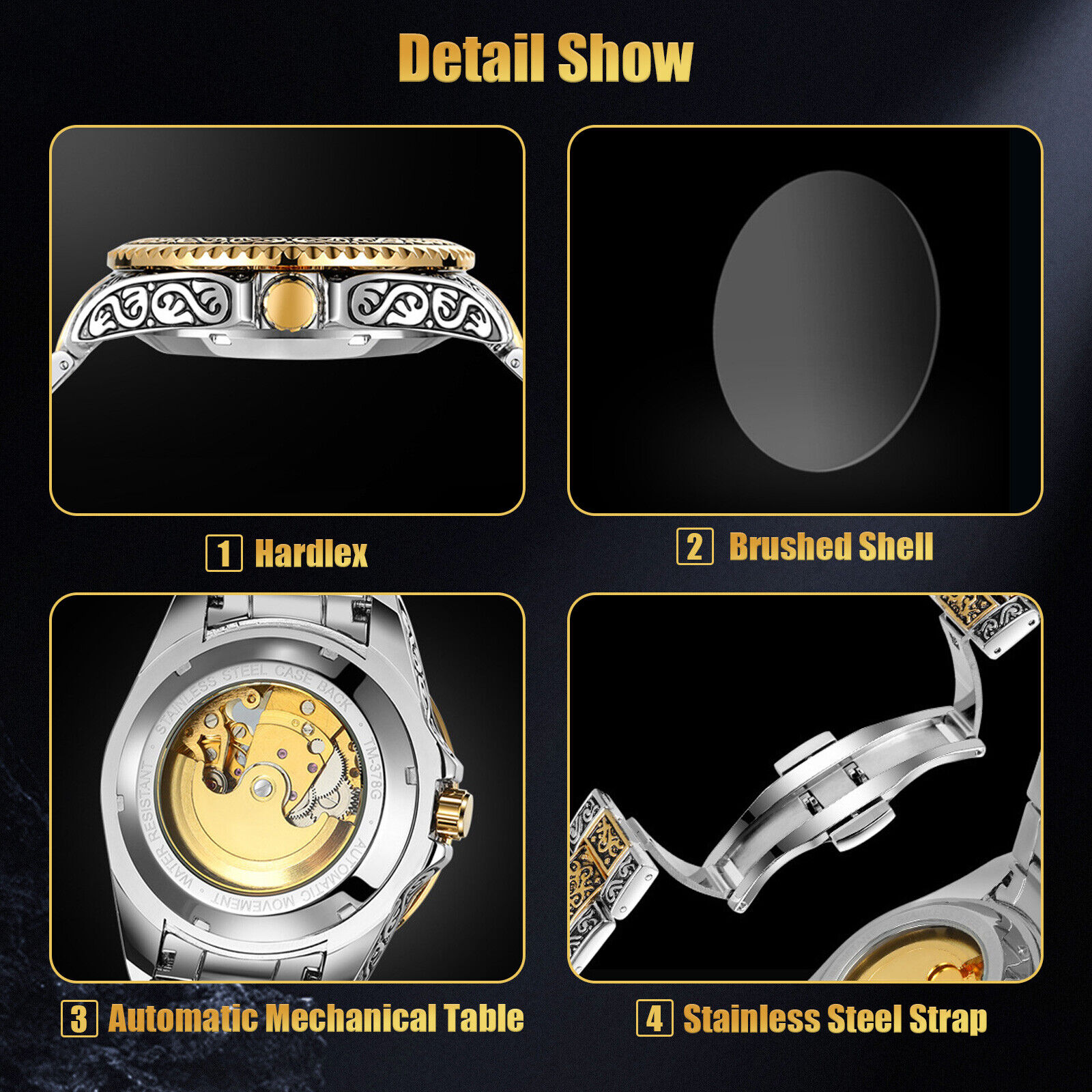 Luxury Stainless Steel Gold Mechanical Skeleton Watch