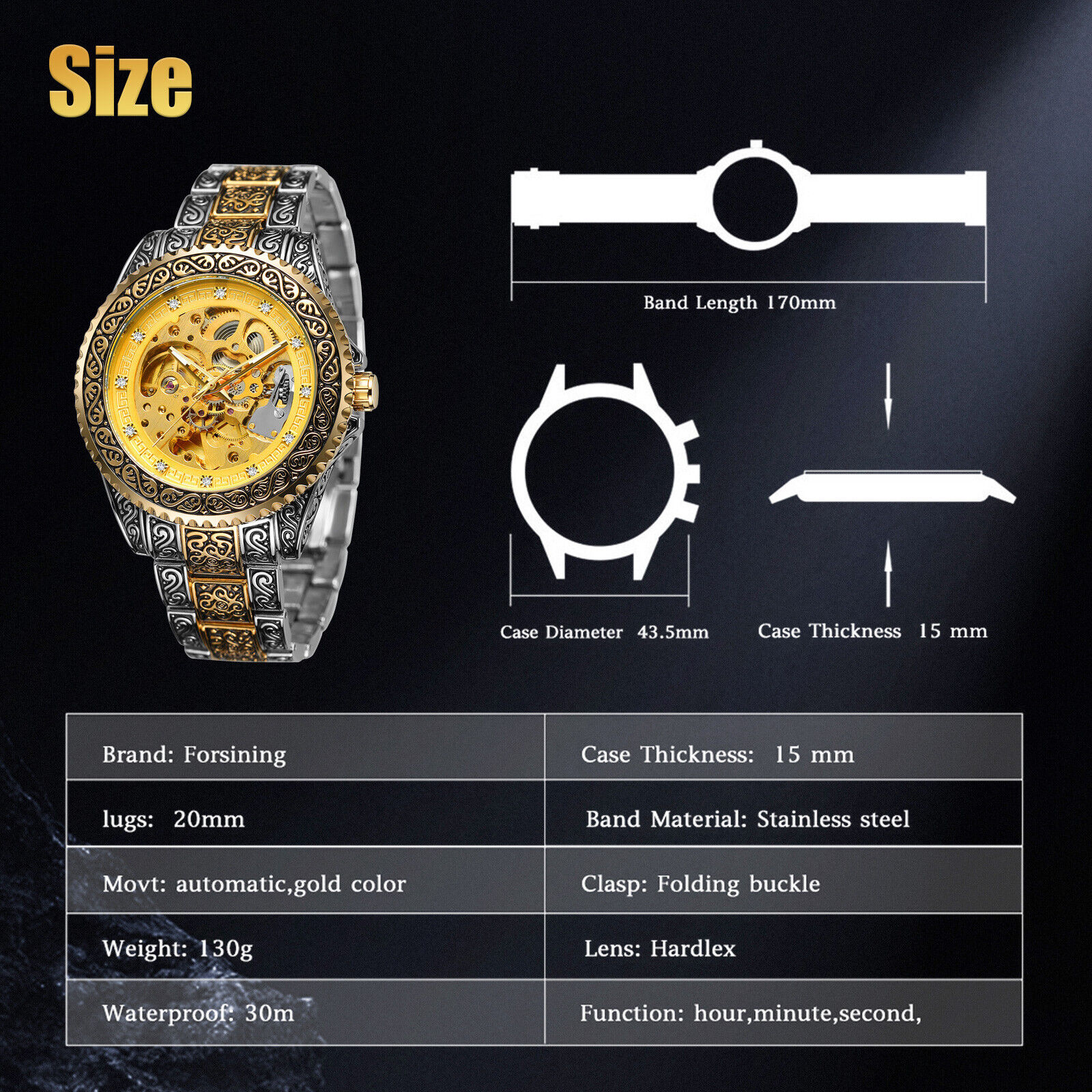 Luxury Stainless Steel Gold Mechanical Skeleton Watch