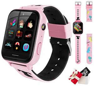 Kids Smart Watch Phone with 10 Games, MP3 Player Music Smartwatch with 2-Way Call Camera Alarm SOS Sports Wrist Watch for 3-14 Boys Girls Christmas Birthday Gifts, Free Dinosaurs Band (Peach Pink)