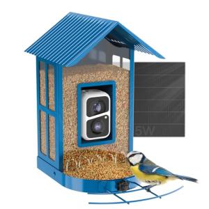 Bird Feeder with Camera with AI Identify Species, Wild Bird Watching, 2K Live View, Instant Arrival Alerts with 5W Solar Powered-Soliom BF08 Metal Blue
