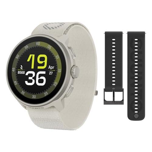 SUUNTO Run Sport Watch, Running GPS Watch Frost Gray (w/Textile Strap) & SUUNTO 22 ATH6 Silicone Strap All Black S+M