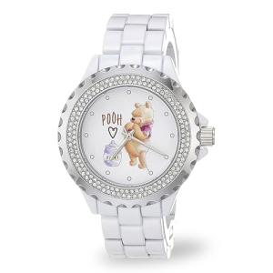 Disney Elegant Winnie The Pooh Women’s Watch Featuring Classic Pooh Bear Dial – Stylish Gift Fans and Collectors – Silver-Tone Case, Crystal Bezel, and White Ceramic Link Bracelet