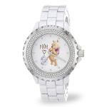 Disney Elegant Winnie The Pooh Women’s Watch Featuring Classic Pooh Bear Dial – Stylish Gift Fans and Collectors – Silver-Tone Case, Crystal Bezel, and White Ceramic Link Bracelet