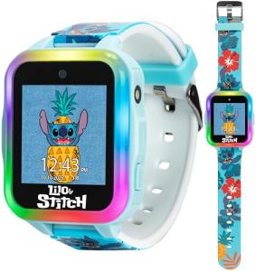 Disney Stitch Kids Interactive Smartwatch with Touchscreen, Camera, Games, Pedometer, Voice Recorder, and Alarm for Boys & Girls Aged 6+ - Blue Character Band, Multi-Color LED Light-Up Bezel