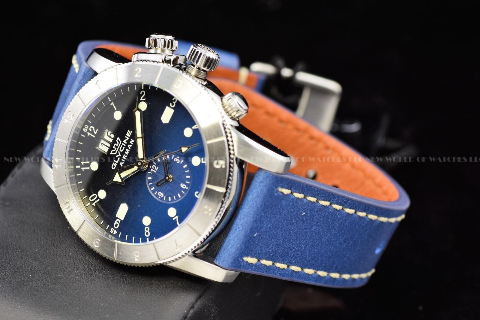 GLYCINE Airmen Contemporary 42mm Blue Dial Leather Band Blue Tone Swiss Watch