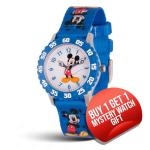 Disney Mickey Mouse Watch for Kids 3–7 with Classic Character Dial – Gift for Boys Who Love Mickey Mouse – Easy-Read Face, Blue Bezel, and Blue Nylon Strap - Buy and GET 1 Free Mystery Watch