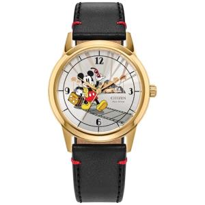Citizen Men's Eco-Drive Disney Mickey Mouse Watch, Black Leather Strap, Silver-Tone Dial (Model: FE7063-07W)