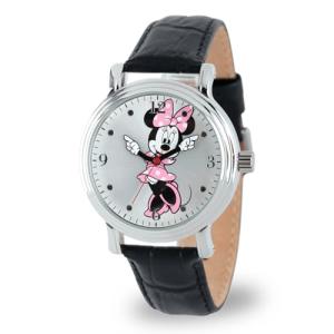 Disney Minnie Watch - Watch for Women - Minnie Mouse Watches for Women Toys - 90s Mouse - Vintage - Clock Hands - Silver Case - Black Leather Strap