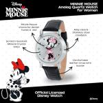 Disney Minnie Watch - Watch for Women - Minnie Mouse Watches for Women Toys - 90s Mouse - Vintage - Clock Hands - Silver Case - Black Leather Strap