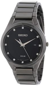 Seiko Men's SNE243 Quartz Solar All Black Dress 12 Diamonds Black Dial Watch
