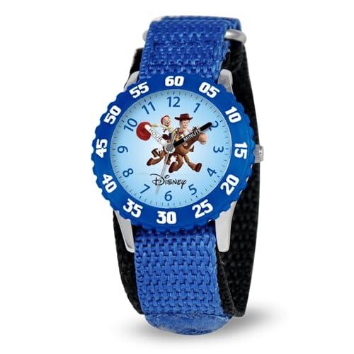 Disney Pixar Toy Story Watch for Boys Ages 3–7 – Featuring Woody and Bullseye Dial – Great Gift for Kids Who Love Toy Story Toys and Western Adventures – Blue Bezel and Blue Fabric Strap with Velcro