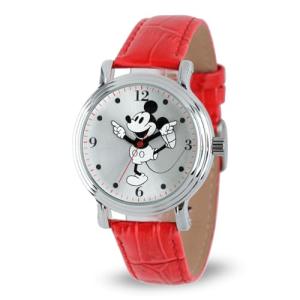 Disney Officially Licensed Mickey Mouse Watch, Stylish Mickey Mouse Watch for Women Fans - Women's Silver Dial Watches with Metal Case & Red Leather Strap