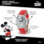 Disney Officially Licensed Mickey Mouse Watch, Stylish Mickey Mouse Watch for Women Fans - Women's Silver Dial Watches with Metal Case & Red Leather Strap