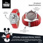 Disney Officially Licensed Mickey Mouse Watch, Stylish Mickey Mouse Watch for Women Fans - Women's Silver Dial Watches with Metal Case & Red Leather Strap