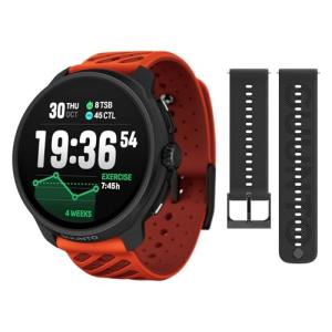 SUUNTO Race 2 GPS Sports Watch, 1.5" AMOLED Touchscreen w/Crown, Coral Orange & SUUNTO 22 ATH6 Silicone Strap All Black S+M