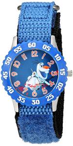 Disney Frozen Kids' Bezel Stainless Steel Time Teacher Analog Nylon Strap Watch, Blue/Blue