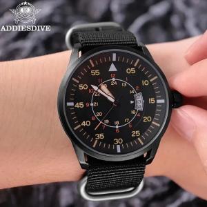 44MM ADDIESDIVE Vintage Quartz Men Watch Luminous Diver Nylon 50M Waterproof NEW