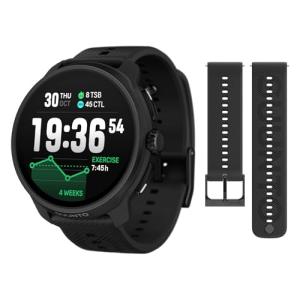 SUUNTO Race 2 GPS Sports Watch, 1.5" AMOLED Touchscreen w/Crown, All Black & SUUNTO 22 ATH6 Silicone Strap All Black S+M