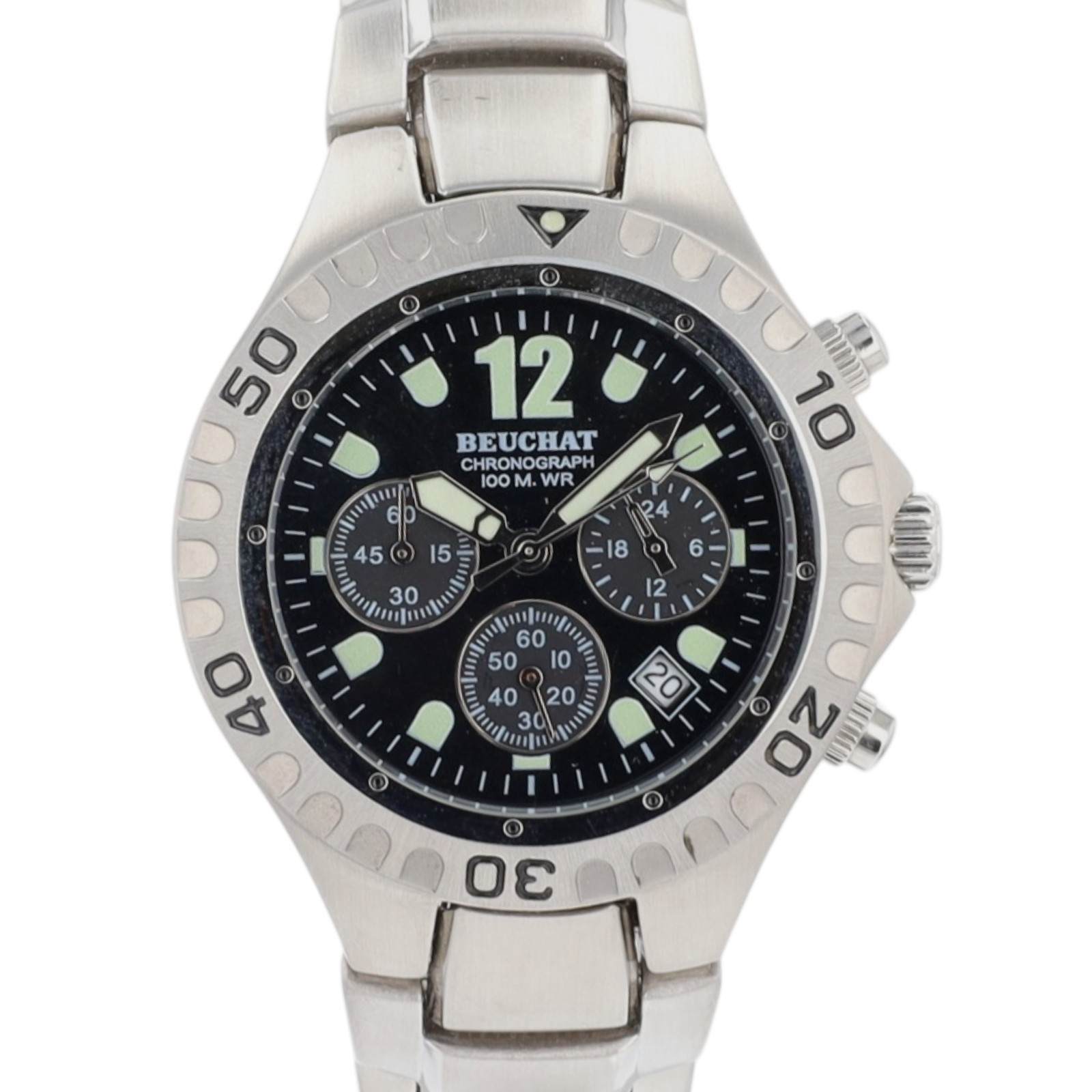 Beuchat Vintage Chronograph Diver Watch Black Dial 100M Quartz Stainless Steel