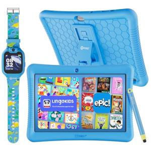 Contixo K102 10" Android Tablet and KW1 Kids Smartwatch - 32GB, Includes 80+ Disney Storybooks, Educational Watch with Games, Camera, Music Player, Alarm, Customizable Wallpaper, Blue
