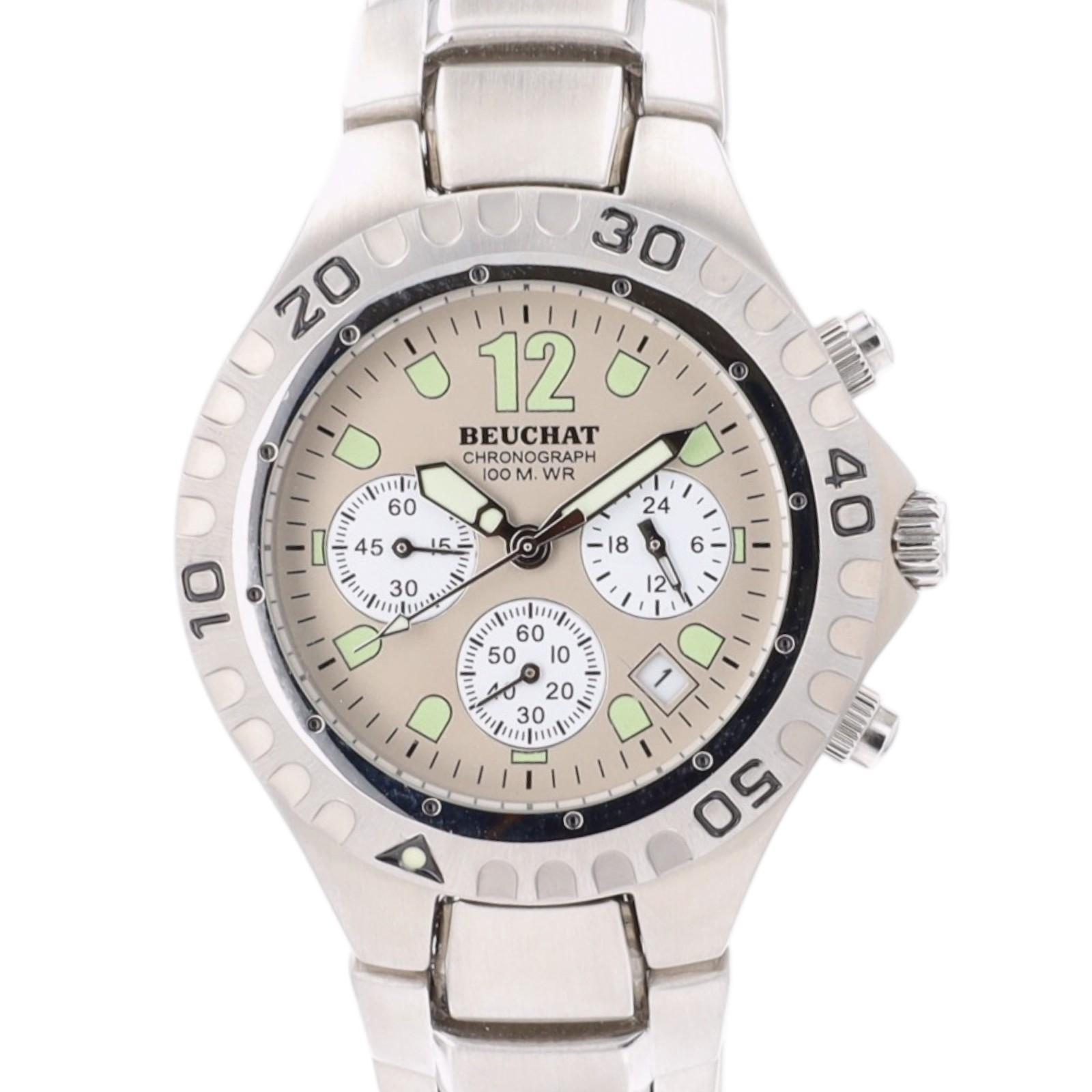 Beuchat Vintage Chronograph Diver Watch Silver Dial 100M Quartz Stainless Steel