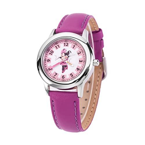 Disney Minnie Mouse Watch for Kids – Cute Minnie Watch for Girls & Toddlers, Silver Bezel, Easy-Read Dial, Purple Leather Strap – Perfect Mouse Watches Kids 3-5, Ideal Gift Girls