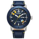 Citizen Eco-Drive Men's Disney Donald Duck Watch, Blue IP Stainless Steel on Blue Leather Strap, 3-Hand Day Date, Luminous, 44mm (Model: AW0075-06W)